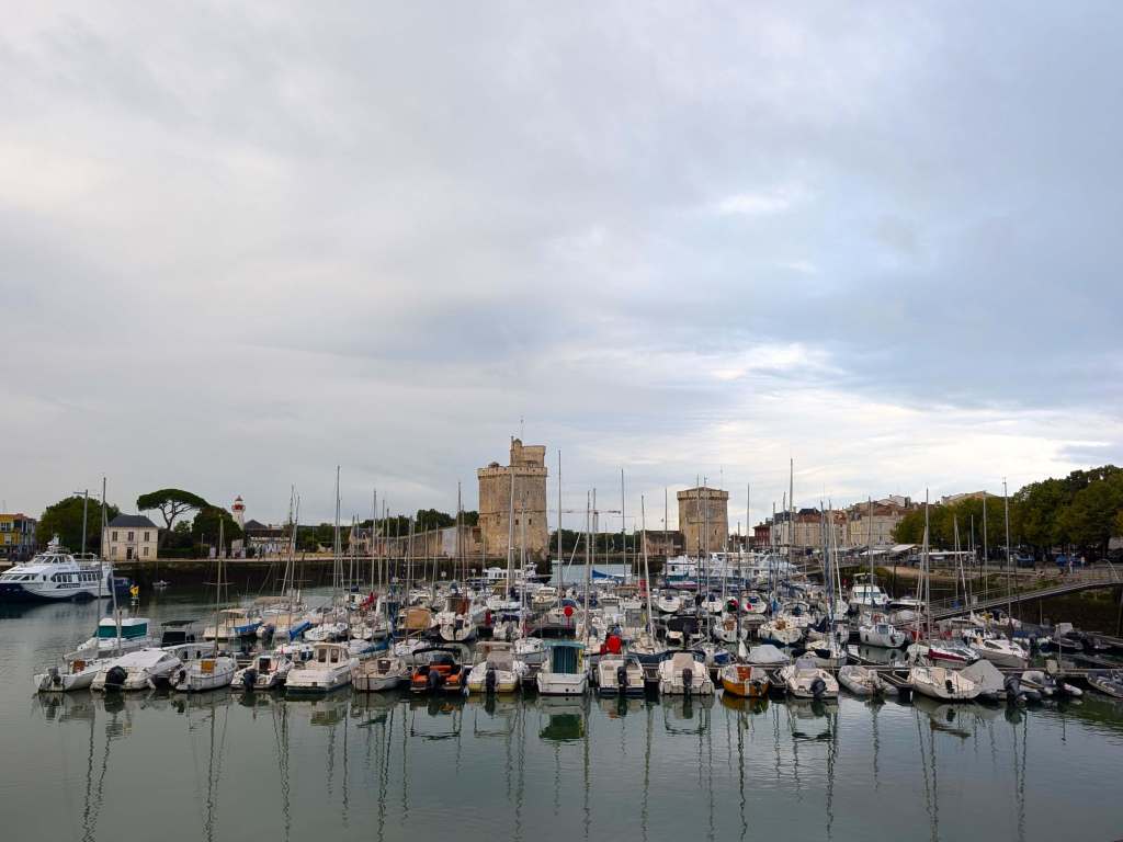 Marina in La Rochelle. Bottom third, dark grey-blue water, middle third approximately 30 small yachts, top third two brick towers and blue sky